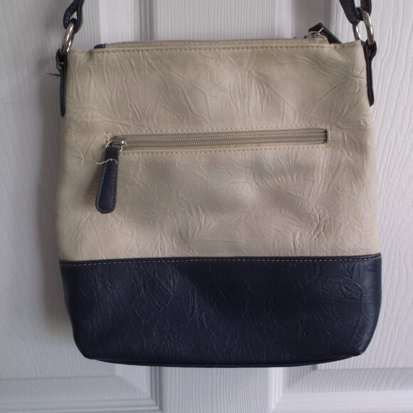 Stone & Co Faux Leather Cross Body Bag PURSE Beige & Navy Blue - Lots of Pockets - Picture 5 of 8